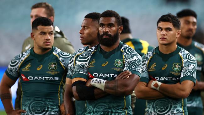 Marika Koroibete, centre, and the Wallabies looks dejected after losing the 2020 Tri-Nations and Bledisloe Cup match against the All Blacks on October 31. Picture: Cameron Spencer/Getty Images