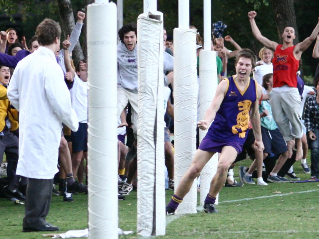 Greene celebrates a goal for Wesley College against Xavier College in 2011. Picture: Richard Stone