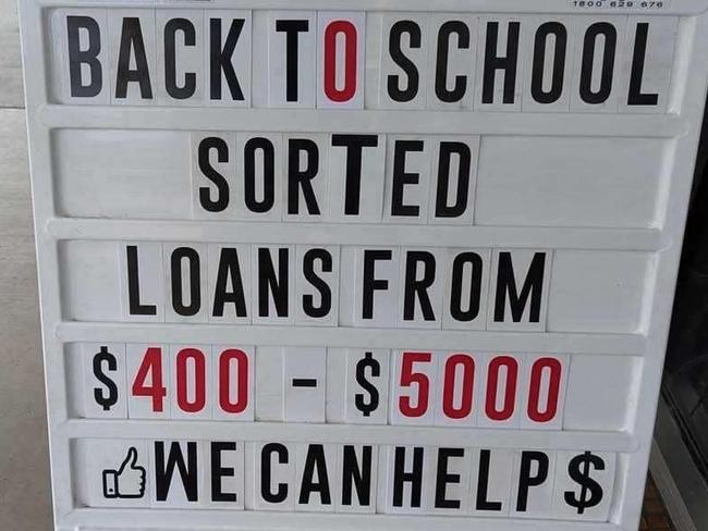 A pawnshop advertises personal loans for back to school expenses. Picture: Supplied