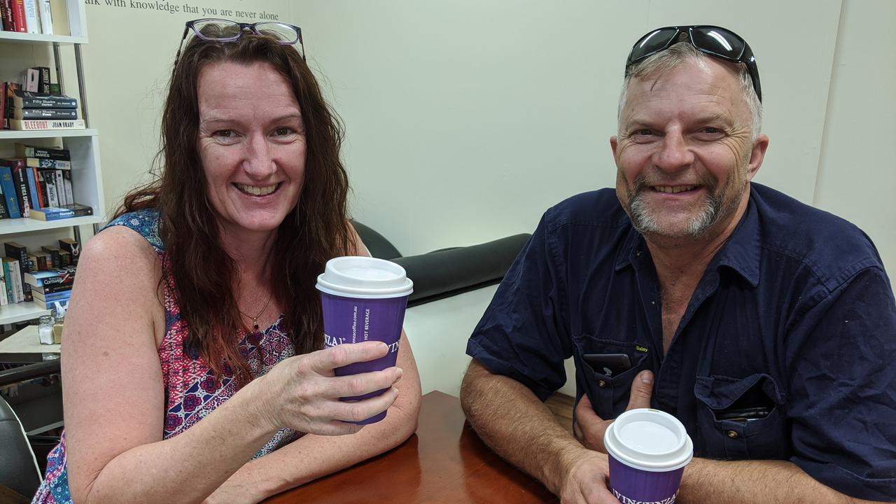 Rebekah Scotney and Graham Panzram meet for coffee and conversation at Killing Time with Coffee, Gatton. Photo: Ebony Graveur