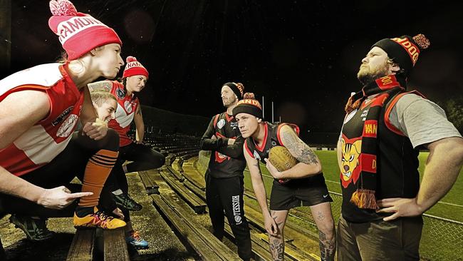 The Ramonas girls face off against the Luca Brasi boys who will be taking to the field for the Van Diemen Dogs in this weekend’s Reclink Community Cup. From left, Aeron Clark, Jaclyn Macpherson, Honni Mooy-Cox, Patrick Marshall, Tyler Richardson and Tom Busby. Picture: MATHEW FARRELL