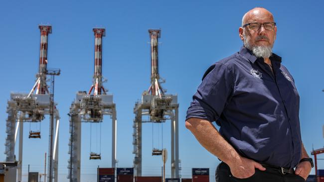 Maritime Union of Australia assistant national secretary Adrian Evans outside the Dubai-owned DP World’s Fremantle terminal. Picture: Colin Murty