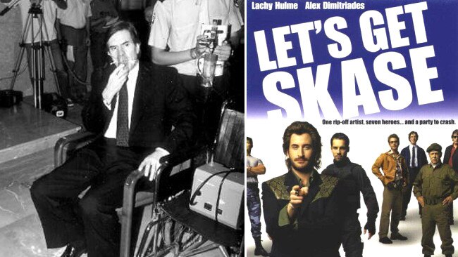 Skase wearing a breathing mask during a court appearance in 1994 and, right, a film poster for the movie Let’s Get Skase.