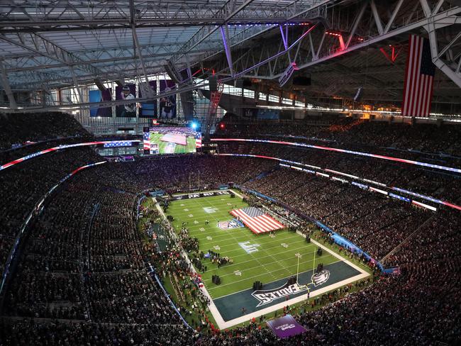 A general view as Pink sings the national anthem prior to Super Bowl LII between the New England Patriots and the Philadelphia Eagles at U.S. Bank Stadium on February 4, 2018 in Minneapolis, Minnesota. Picture: Getty