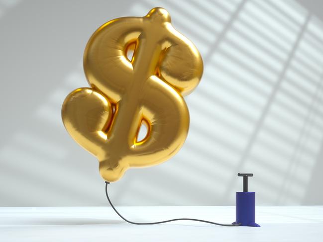 Digital generated image of golden air balloon in shape of dollar sign inflated using pump and flying up on white background. Inflation concept.