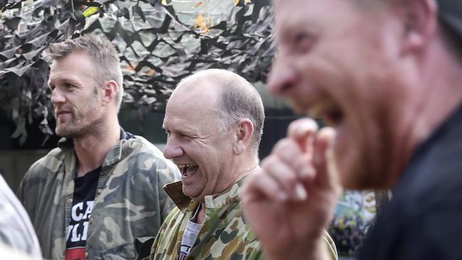 Ken Hinkley has a good laugh with Dean Brogan and Michael Voss. Picture: Sarah Reed