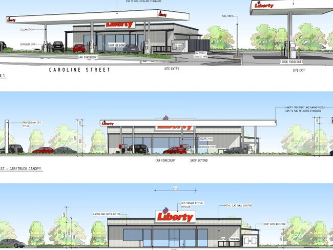 Artist impressions and plans from the proposed Liberty service station planned for Biggenden. (Credit: Project Urban).