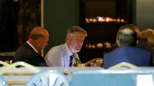 Peter Dutton and Mathias Cormann having dinner in 2018. Picture: Jonathan Ng