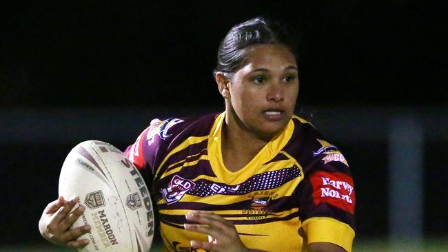 Ailsa-rani Satini plays for City in the Cairns District Rugby League women's tackle series, held at Jones Park. Picture: Brendan Radke