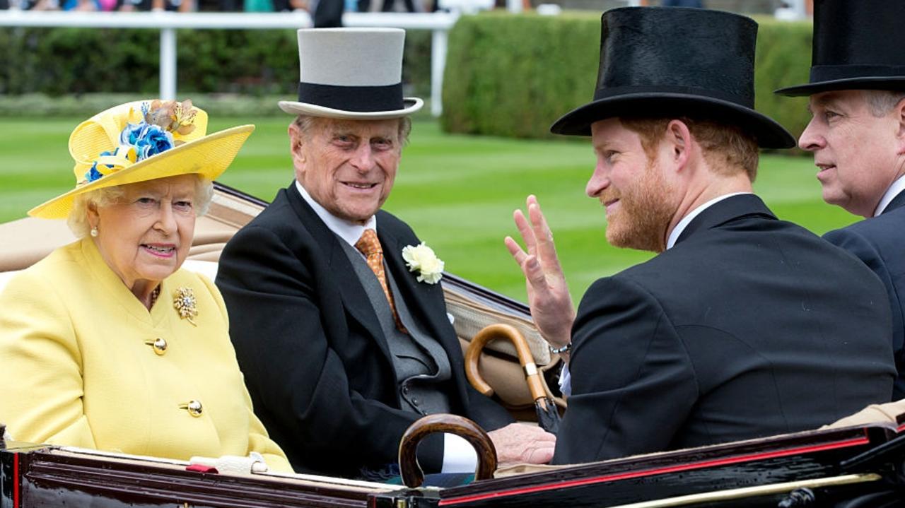 The Queen Elizabeth, Prince Philip, Prince Harry, and Prince Andrew all rode in pole position at Ascot in 2016. Picture: Julian Parker/UK Press via Getty Images