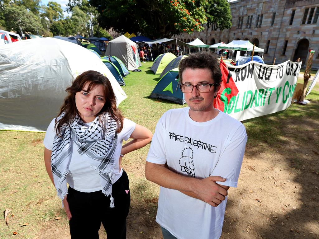 UQ Students for Palestine representatives Ella Gutteridge and Liam Parry say they’re not leaving. Picture: David Clark