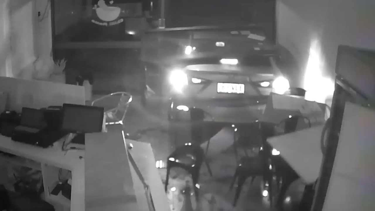 A stolen Mazda 3 reverses into the front of Chilli Mama Take Away in Cairns on Monday September 30. Picture: Supplied