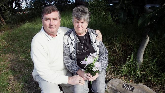 Peter and Sheila MacDiarmid, parents of missing woman Sarah MacDiarmid, next to their daughter’s original memorial plaque at Kananook station.