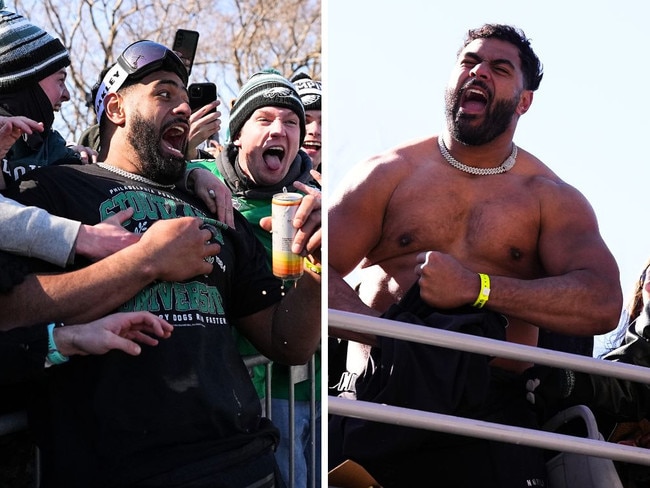 Jordan Mailata celebrates Super Bowl success. Image: Getty