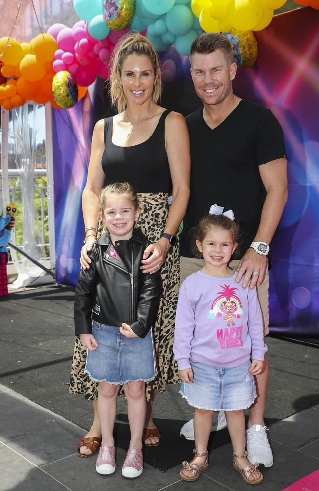 Candice Warner, David Warner with their daughters Ivy Mae Warner and Indi Rae Warner at Trolls event. Picture: Dylan Robinson