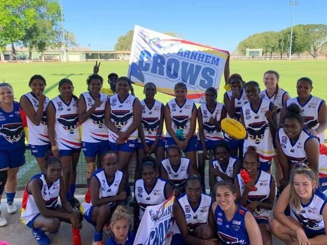 Arnhem Crows players celebrate making the 2020 Womens Big Rivers Football League Grand Final