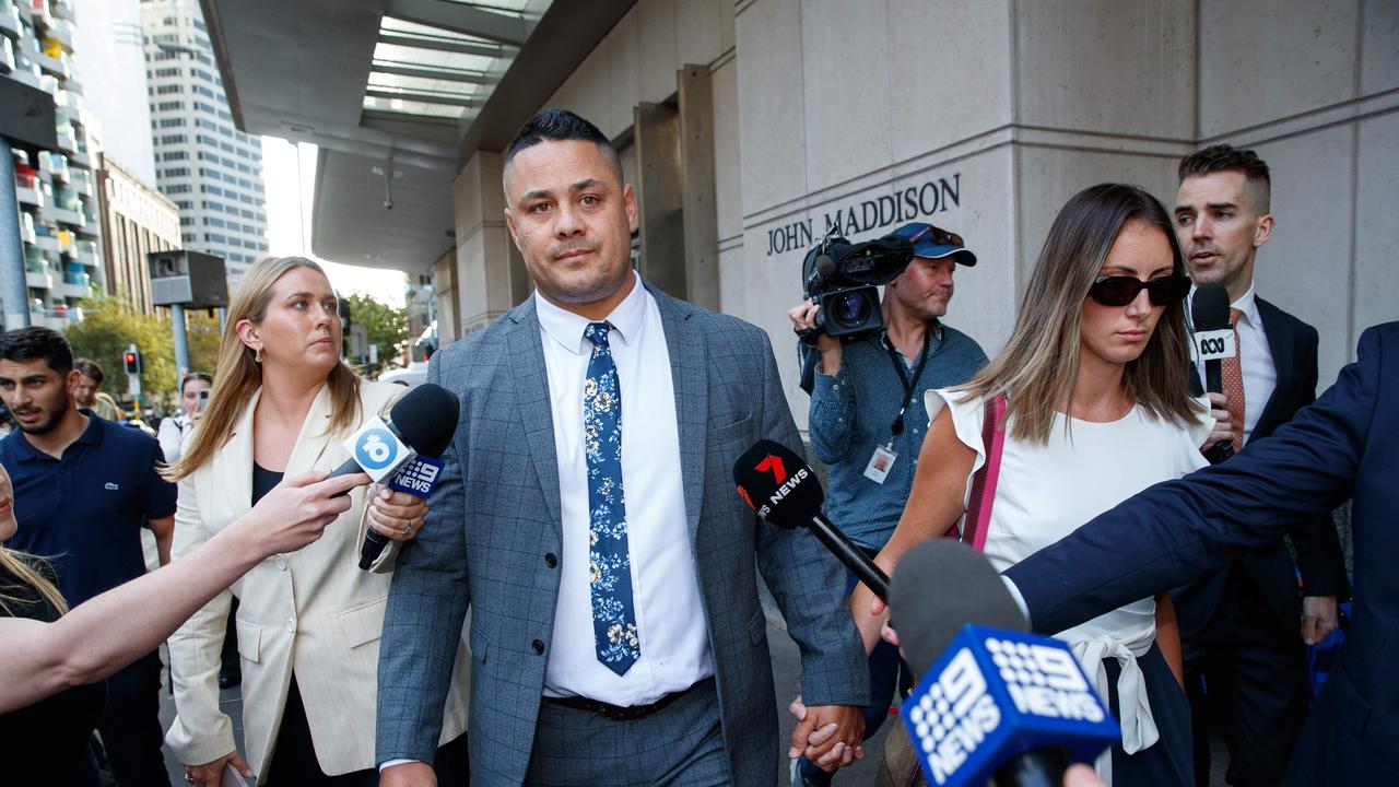 Wife Amellia Bonnici (left) and former NRL player Jarryd Hayne arrive at  the Supreme Court in Sydney, Friday, April 14, 2023. Jarryd Hayne has been  found guilty of rape after a third