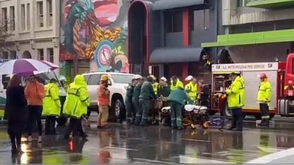 A young girl and woman have been rushed to hospital after being hit by a car during peak hour on Angas Street. Major Crash officers are investigating. Picture: 7NEWS