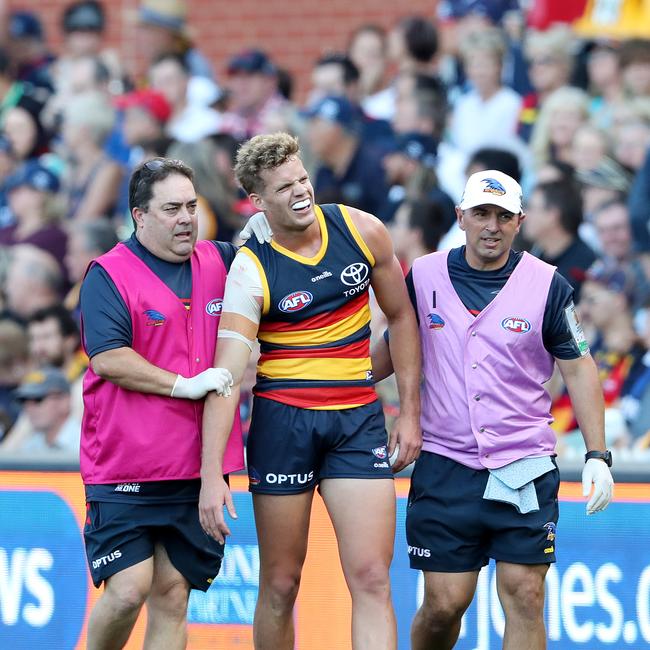 Adelaide’s injury sub Mitchell Hinge came off with an injury of his own. Picture: Sarah Reed/Getty Images