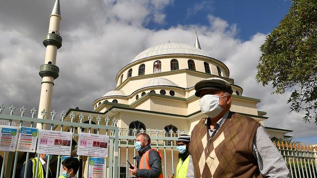 Muslim worshippers leave Auburn Gallipoli Mosque after Friday prayer on the first day of the Eid al-Adha festival on Friday. Picture: Saeed Khan/AFP