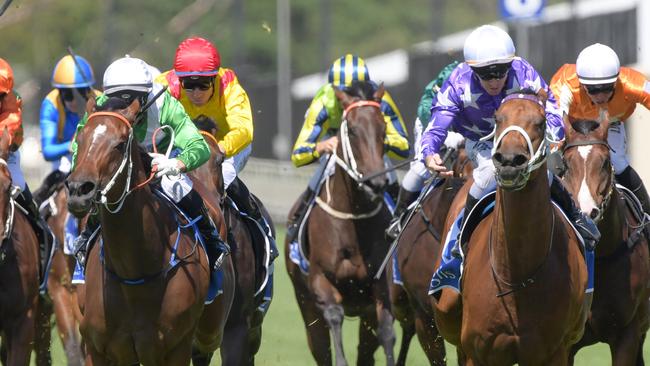 Fiesta (right) edged out Estijaab in a thrilling finish to the Inglis Sprint. Picture: AAP 