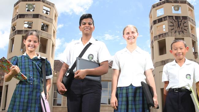 >>>>> Embargoed till Wednesday<<<<< Somerset College has taken the top spot for 2023 NAPLAN results on the Gold Coast . Happy students from left, Piper Millar 10 (year5), Abhiraj Sarmah 13 (year 9), Savannah walker 14 (Year 9) and Zongyou Han 10 (year 5).  Picture Glenn Hampson