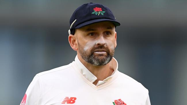 MANCHESTER, ENGLAND - MAY 03:  Nathan Lyon of Lancashire during the Vitality County Championship match between Lancashire and Kent at Emirates Old Trafford on May 03, 2024 in Manchester, England.  (Photo by Gareth Copley/Getty Images)