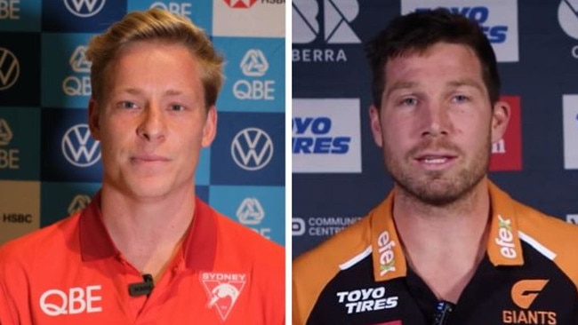 Isaac Heeney and Toby Greene in their respective videos. Photos: Instagram/Twitter