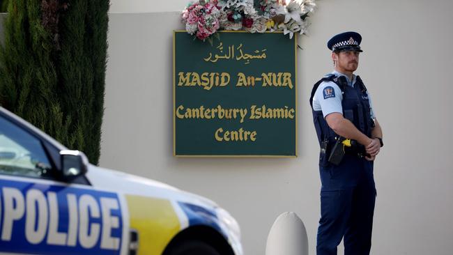 A police officer stands guard outside the Al Noor mosque ahead of the first anniversary of the Christchurch mosque shootings.