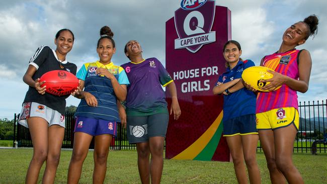 AFL Cape York, House for Girls boarders Bianca Yam, 15, from Kowanyama, Ashlee Manantan, 14, from Old Mapoon, Lythia Marou, 15, from Murray Island, Hilda Kellermeier, 14, from Laura, Zila Fujii, 16, from Badu Island. The girls’ facility opened in 2019. Picture: Marc McCormack