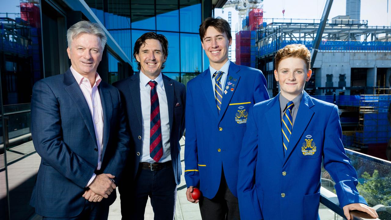 Brad Hogg and Steve Waugh with Marist College Ashgrove students Will Nickelson and Joshua Pope at the launch of cricket television show 'The Hunt', Brisbane, Friday, June 9, 2023 – Picture: Richard Walker