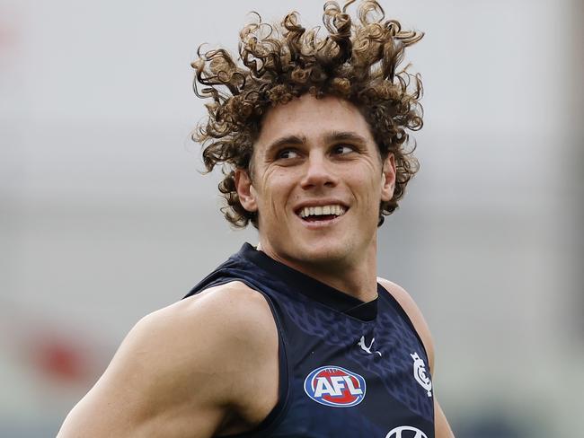 NCA. MELBOURNE, AUSTRALIA. August 31,   2024. AFL . Carlton training at Princes Park. Charlie Curnow of the Blues wore a brace on his ankle during todays training session   . Pic: Michael Klein