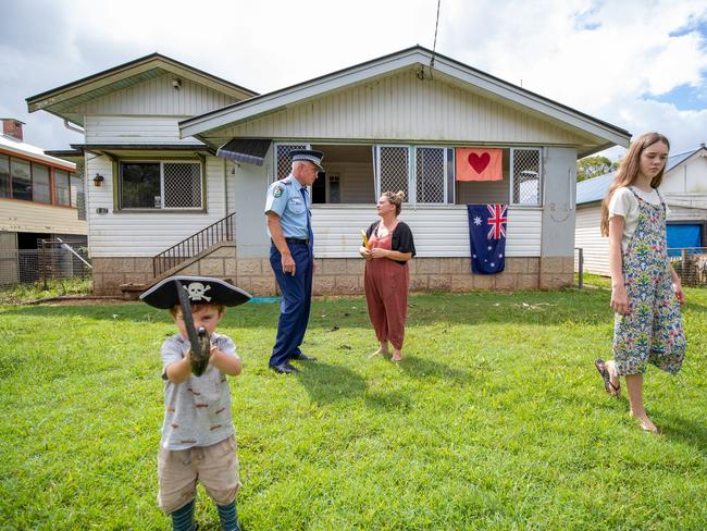 Lismore resident Leah Harris, son Angus Marychurch and stepdaughter Meiko Chadwick whose house was flooded. Picture: Danielle Smith