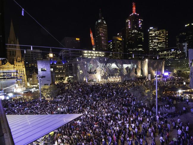 People celebrating into the New Year 2020 at Federation Square, Melbourne Arbory. Picture: Tony Gough