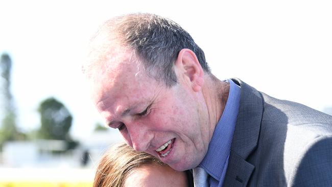 Trainer John Zielke reacts with Jockey Tegan Harrison (left) after riding Dreams Aplenty  to victory in Race 4, the 1400m XXXX Gold Coast Cup at the Aquis Gold Coast Turf Club on the Gold Coast, Saturday, May 5, 2018. (AAP Image/Dave Hunt) NO ARCHIVING, EDITORIAL USE ONLY