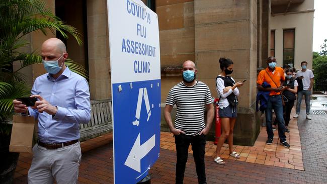 Sydneysiders turned out in record numbers yesterday for Covid-19 testing with over 44,000 people getting tested. Long lines continue today at Sydney Hospital. Picture: Toby Zerna