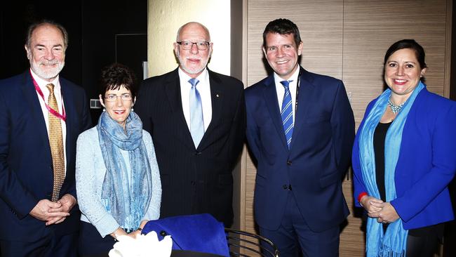 NRL Chair John Grant, Linda Hurley, Governor of NSW David Hurley, Premier Mike Baird and wife Kerryn Baird at the NRL Grand Final. Pic: NRL