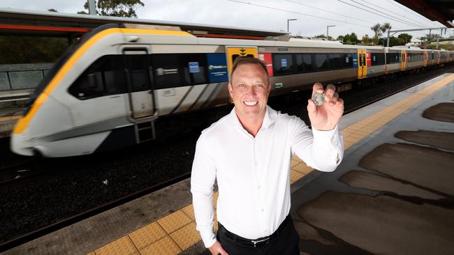 Premier Steven Miles at the Mango Hill Train Station with 50c as he announces the public transport initiative. Picture: Annette Dew