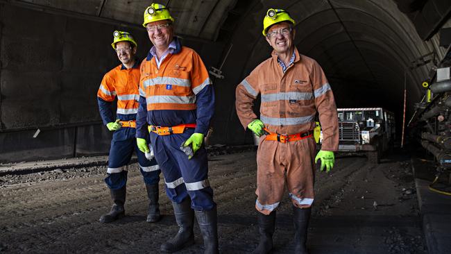 Nationals senator Matt Canavan, who chairs the party’s backbench policy committee, and his lower house colleagues Barnaby Joyce and David Gillespie at the tunnel entrance of Mandalong mine in NSW last year. Picture: Adam Yip