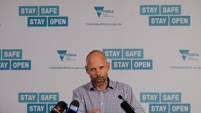 Jeroen Weimar, testing commander, gives a press conference in front of a very different coloured media wall in February this year. Picture: Luis Ascui/Getty Image.