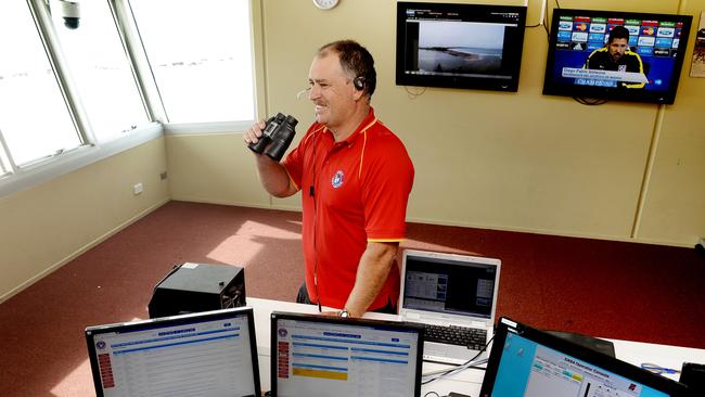 Brett Beswick in the communications centre at Avoca Beach Surf Club in 2014. Picture: Peter Clark