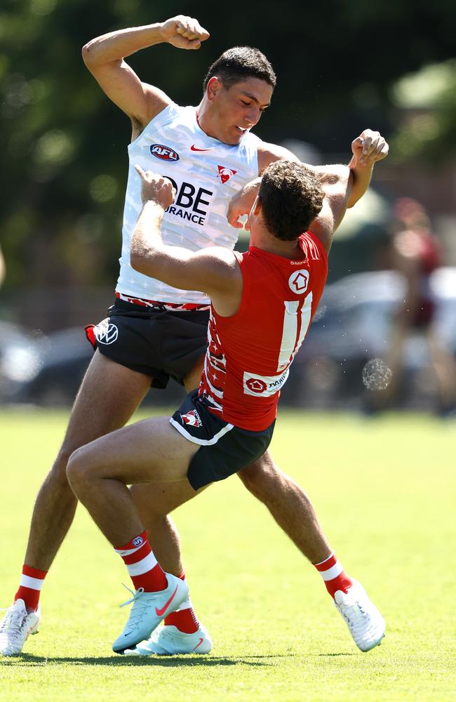 Justin McInerney and Tom Papley were involved in a minor scuffle. Picture: Phil Hillyard