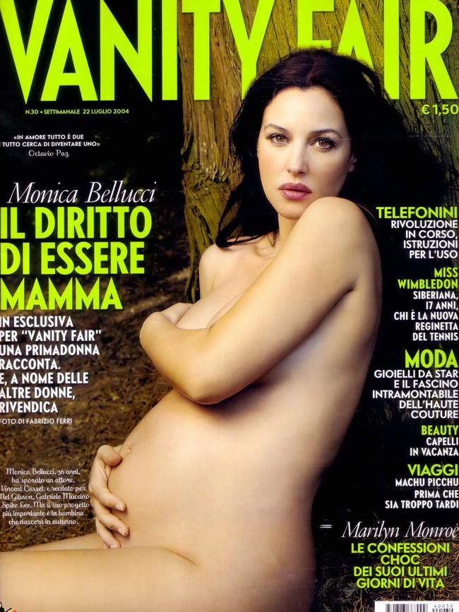 A pregnant Monica Bellucci on the cover of Vanity Fair magazine, Italy, July 2004. Picture: Vanity Fair