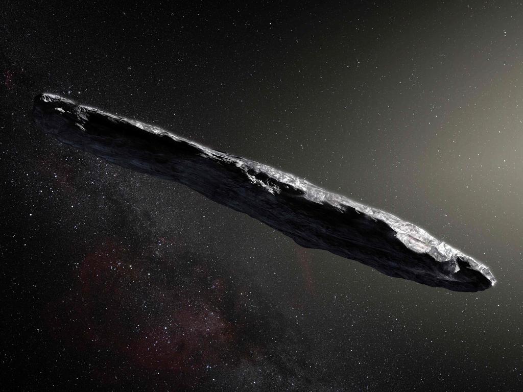 A photo released by the European Southern Observatory on November 20, 2017 shows an artist’s impression of the first interstellar asteroid, Oumuamua. Picture: AFP