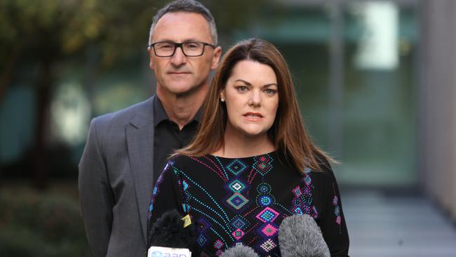 Greens Leader Dr Richard Di Natale and Senator Sarah Hanson-Young at Parliament House in Canberra. today. Picture: Kym Smith