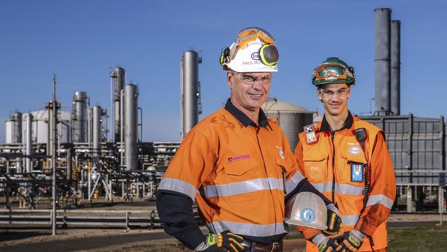 Paul and Thomas Mutimer at Esso’s Gippsland gas operations. Picture: Wayne Taylor