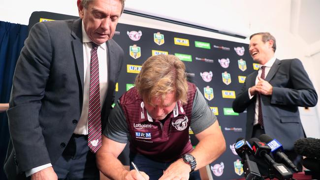 Mr Gorman (left) was instrumental in getting Des Hasler to sign as coach. Picture: Mark Evans/Getty Images