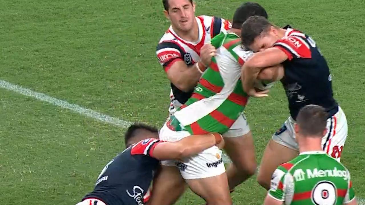 The Rabbitohs were not happy with the tackle.
