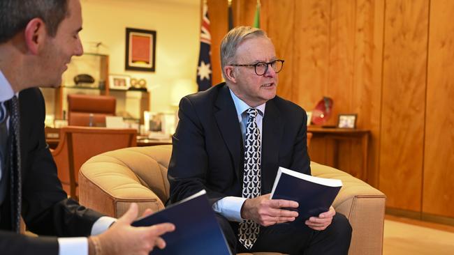 Prime Minister Anthony Albanese and Treasurer Jim Chalmers in the PM's office at Parliament House in Canberra.