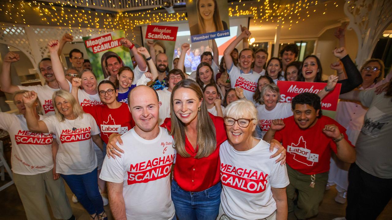 Meaghan Scanlon with her mum Margaret and brother Callum at her election after-party at the Country Paradise Parklands on Saturday night. Picture: Nigel Hallett.